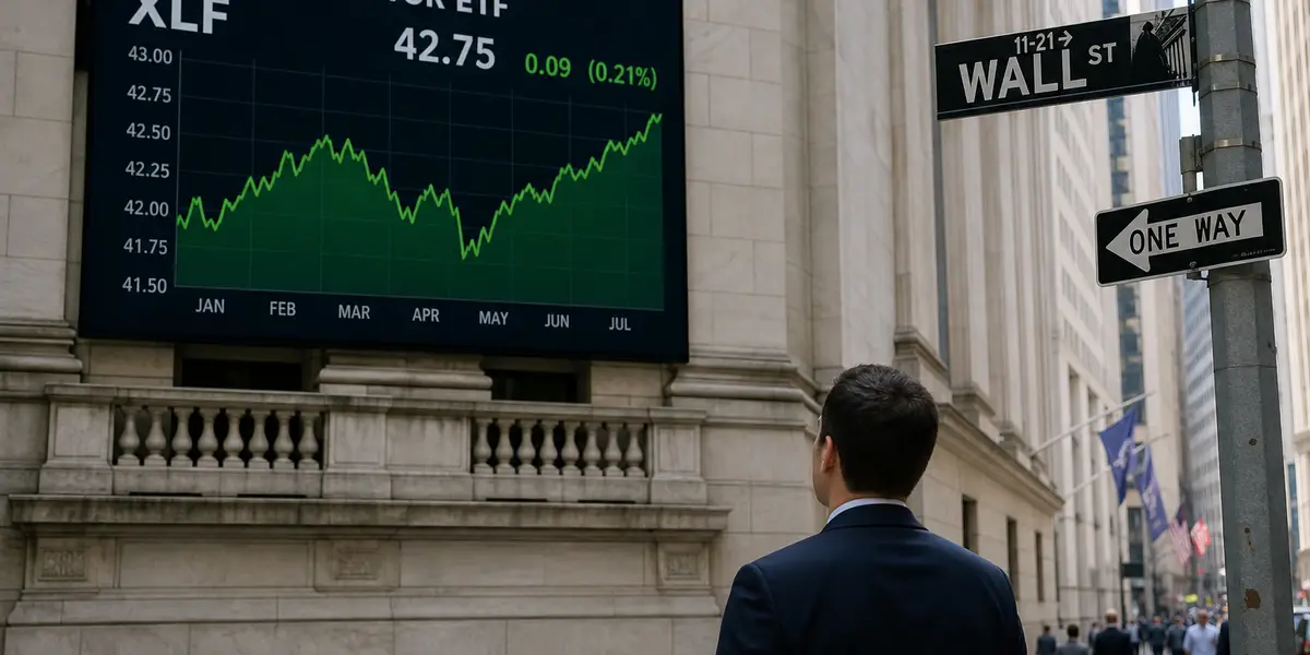 뉴욕증시 건물 앞 금융 섹터 ETF(XLF) 차트와 월스트리트 간판이 보이는 미국 증시 금융주 약세 관련 보도 사진