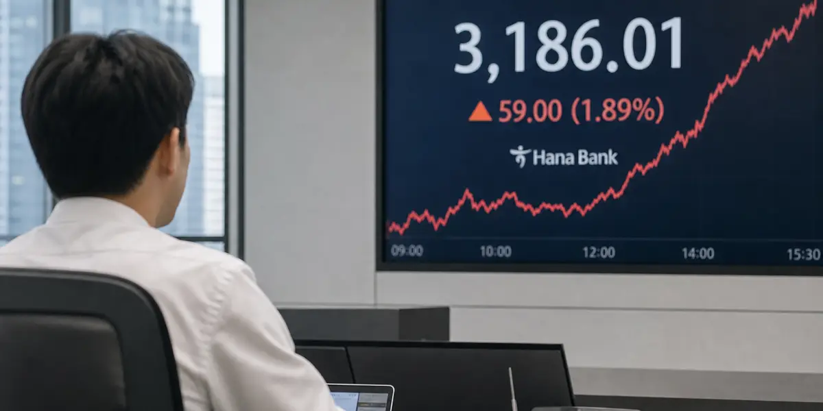 하나은행 딜링룸에서 코스피 지수 7,844.01 사상 최고치 표기된 화면, 삼성전자·SK하이닉스 상승으로 개인 매수세 폭발 장면