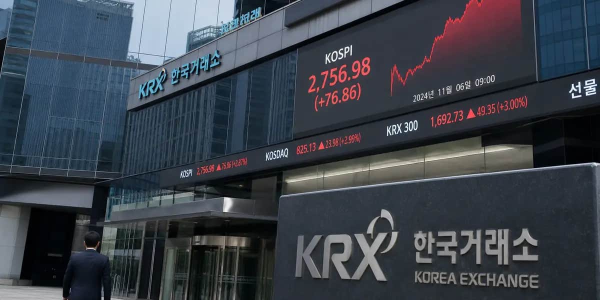 한국거래소 건물 외관과 배경에 주식 시세 전광판이 보이는 증시 급등 관련 보도 사진 (코스피 7,999선 돌파 장면 암시)