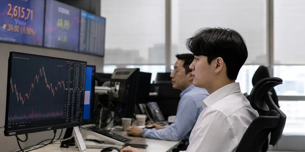 여의도 KB국민은행 스마트딜링룸에서 트레이더들이 삼성전자 SK하이닉스 레버리지 ETF 상장 관련 주식 차트를 모니터링하는 모습