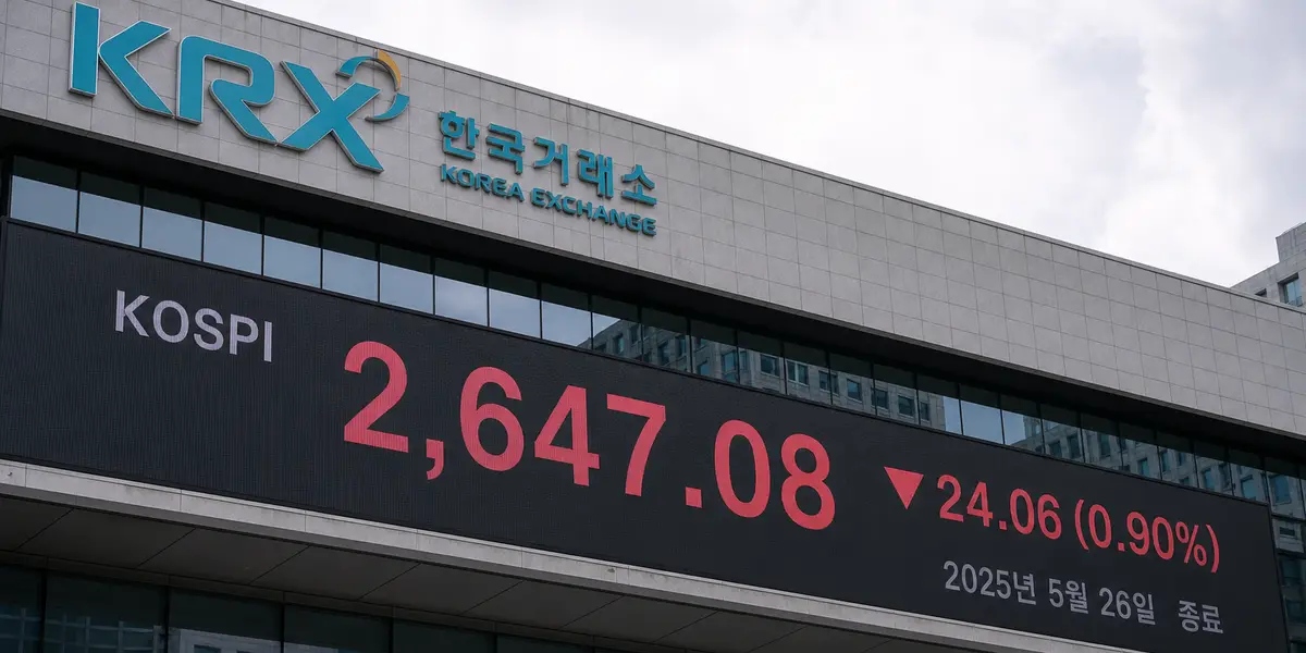 코스피 지수 전광판이 적색으로 표시된 한국거래소 건물 외관, 증시 급락 상황을 상징하는 저널리즘 사진