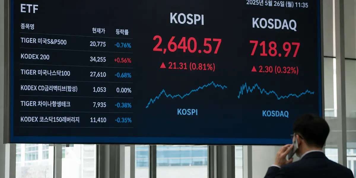 코스피 전광판과 ETF 지수가 표시된 한국 증권거래소 트레이딩룸 측면 장면, 시장 변동성을 상징하는 보도사진