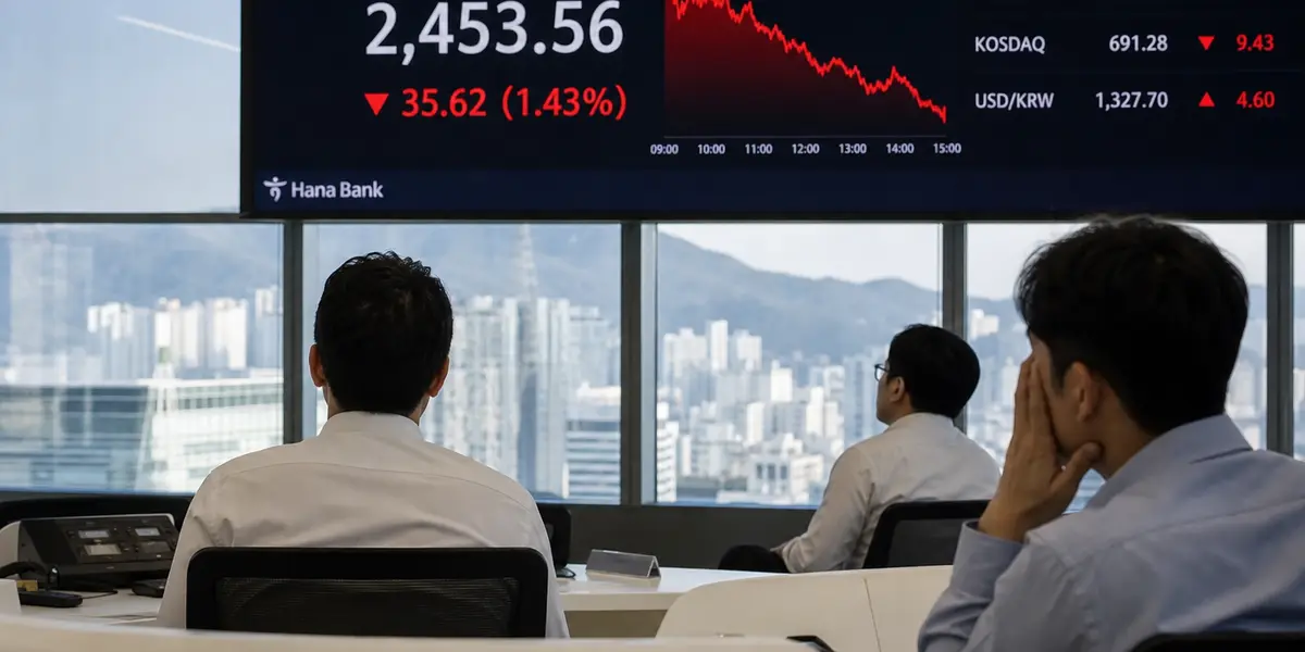 서울 중구 하나은행 딜링룸에서 코스피 지수 급락을 보여주는 전광판과 트레이더들의 모습이 담긴 현장 사진