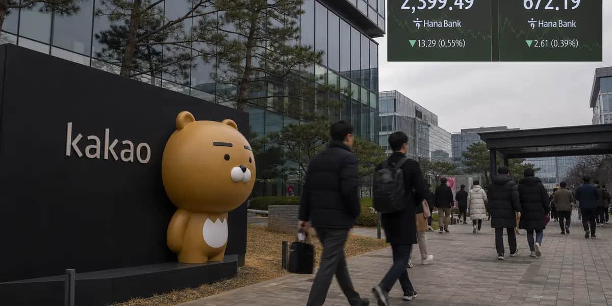 경기도 판교에 위치한 카카오 사옥의 출근 풍경으로, 역대급 실적에도 4만 원대에 머문 주가와 AI 사업에 대한 시장의 기대감을 상징적으로 보여준다.