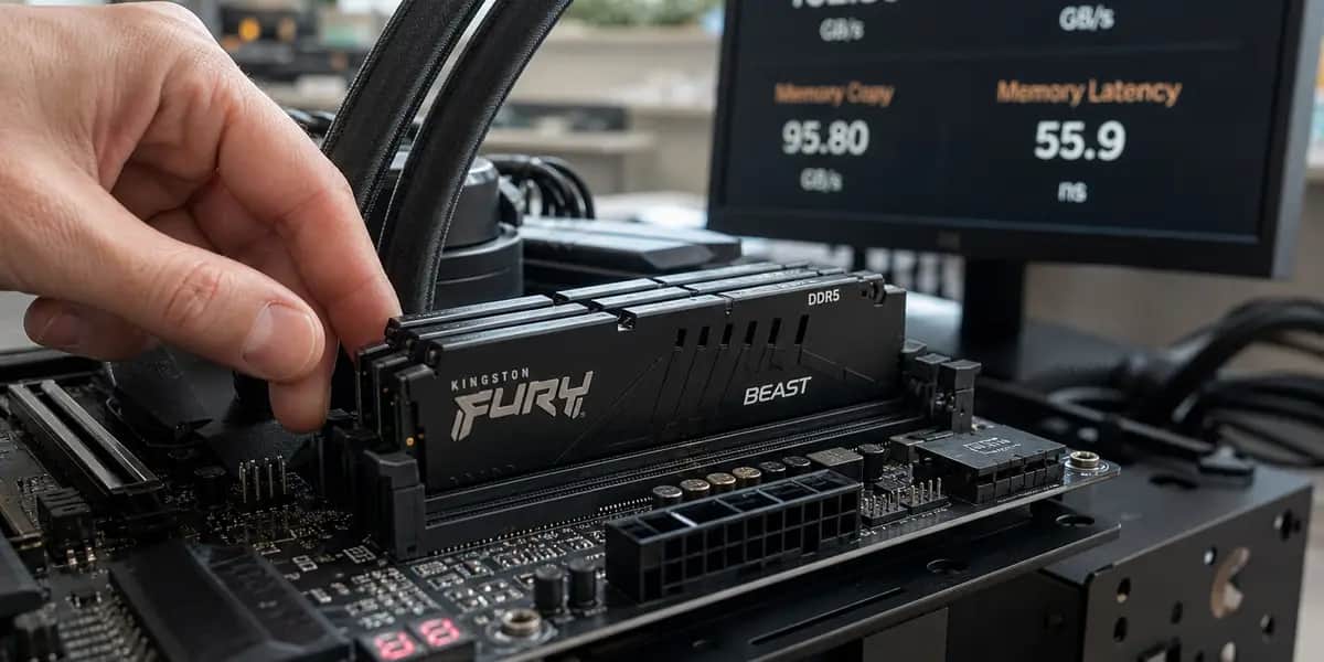 테스트 벤치에 장착된 DDR5 메모리 모듈을 엔지니어가 점검하는 모습과 뒤편 모니터에 표시된 벤치마크 속도 수치를 담은 반도체 성능 검증 현장 사진