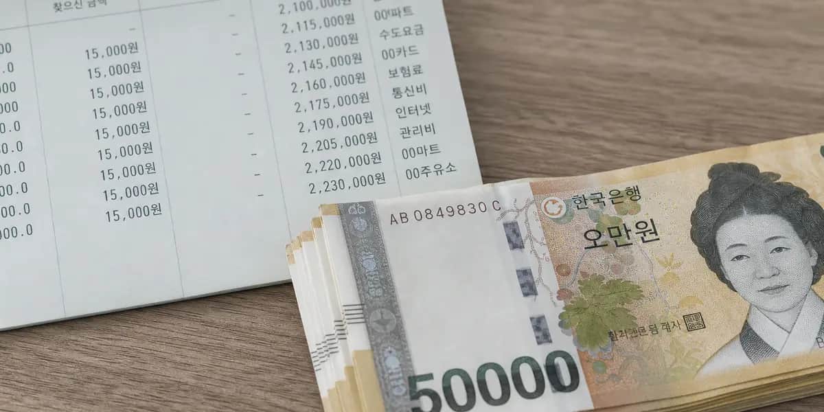 원화 지폐와 은행 통장이 나무 책상 위에 놓인 개인 재무 상황을 상징하는 저널리즘 스타일 보도 사진, 빚투와 대출 연체 리스크를 나타내는 자연광 클로즈업 이미지