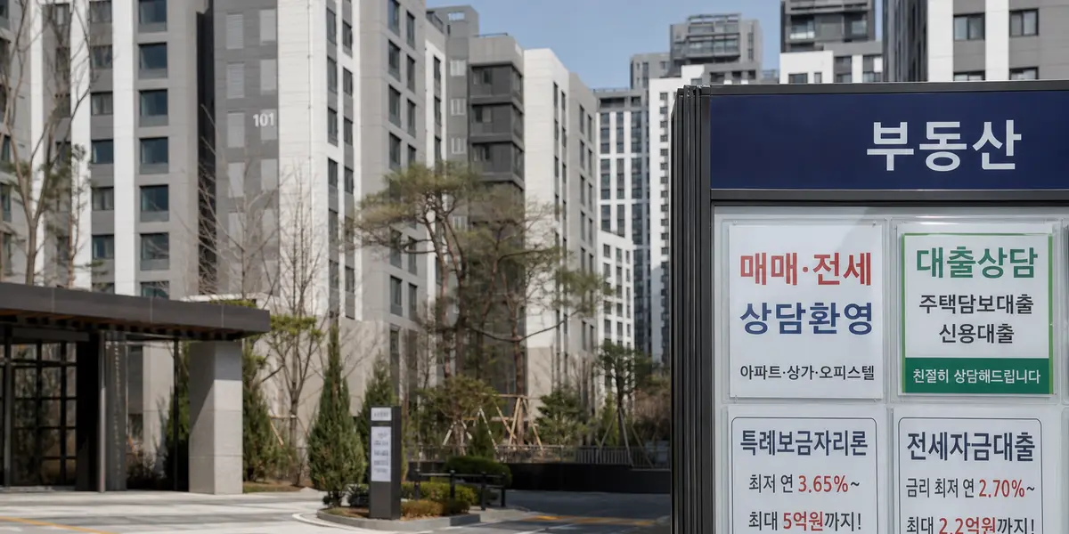 서울 강서구에 신축된 공공분양 아파트 단지 외관과 대출 상담 안내문이 붙은 부동산 중개소 간판이 함께 보이는 사진, 반값아파트 대출규제로 계약을 포기하는 청년층 이슈를 상징