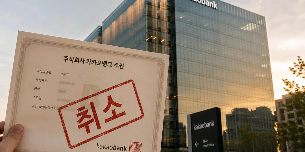 서울 시내 카카오뱅크 사옥 건물 앞에서 자사주 소각을 상징하는 붉은 도장이 찍힌 주권을 보여주는 모습, 주주가치 제고와 주주환원 정책을 알리는 금융 뉴스 이미지, 카카오뱅크의 자사주 27만주 소각 발표를 상징적으로 표현