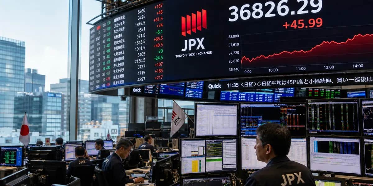 일본 도쿄 증권거래소의 대형 전광판에 닛케이지수 숫자가 표시된 모습, 일본 증시의 연말 상승 전망을 보도하는 금융 뉴스 이미지, 씨티그룹증권이 제시한 9만선과 다이와증권의 8만선 전망을 상징적으로 표현하는 그래프가 함께 보이는 장면