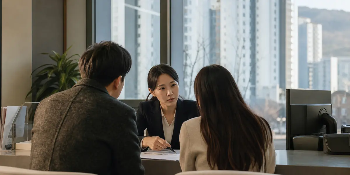 은행 대출 상담 창구 너머로 아파트 단지가 비치는 모습을 담은 저널리즘 스타일 사진으로, KB국민·신한은행의 고LTV 주택담보대출 11조 원 규모와 집값 하락 리스크를 은유적으로 표현했다