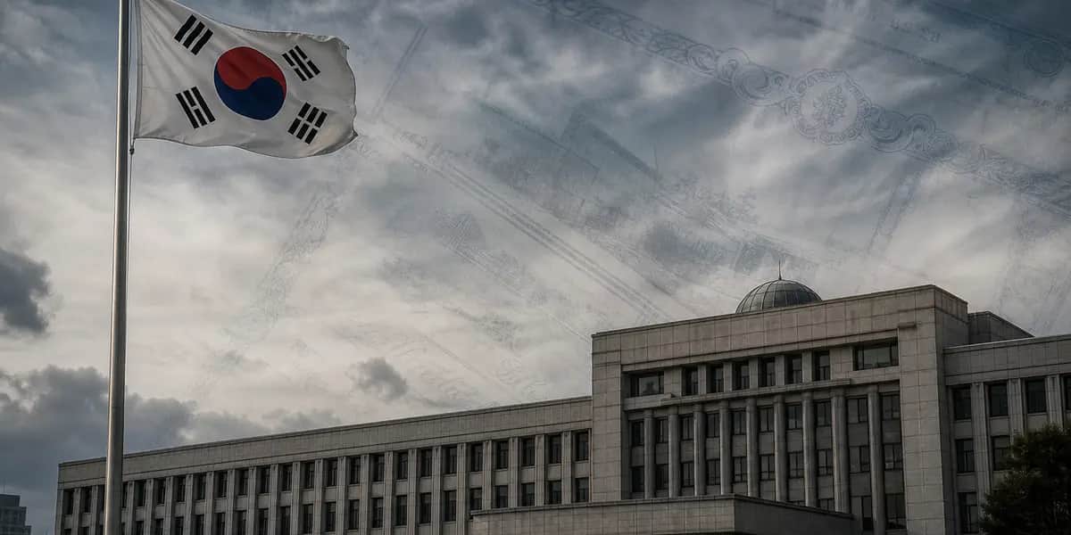흐린 하늘 아래 정부 재정 관련 청사 건물 외관에 채권 서류의 질감이 은은하게 겹쳐진 저널리즘 스타일 사진으로, 국고채 이자비용 증가와 재정 건전성에 대한 경고음을 은유적으로 표현했다