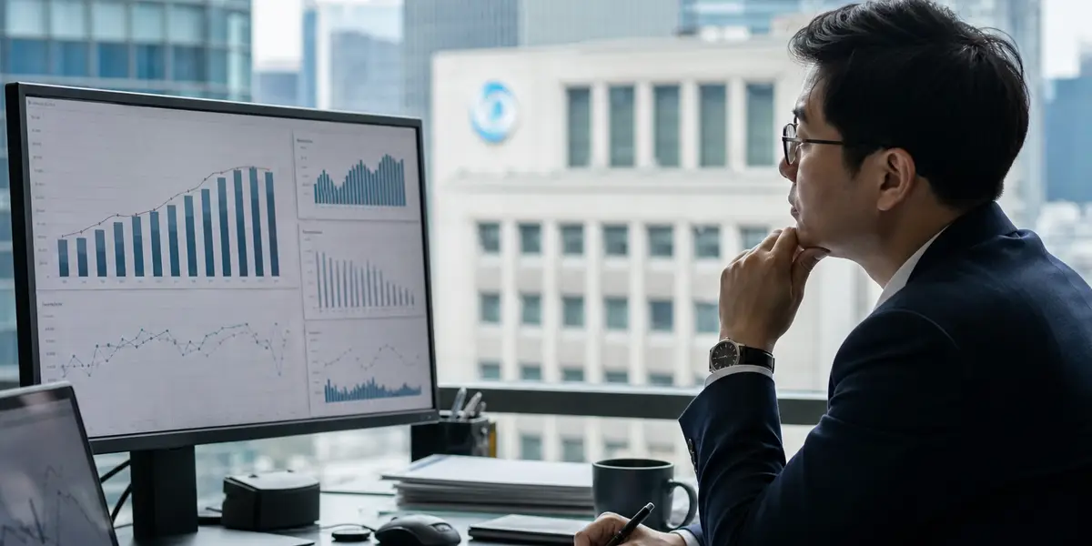 한국은행 금융통계 담당자가 사무실에서 가계신용 잔액 증가를 보여주는 막대그래프 차트를 검토하는 모습, 배경으로 서울 금융가 건물이 흐릿하게 보이는 사진