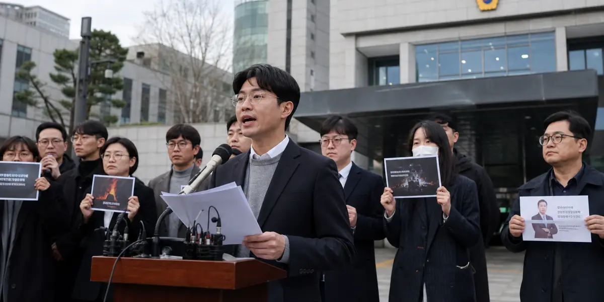 경기남부경찰청 앞에서 주주단체 대표가 마이크 앞에 서서 법리의견서 서류를 들고 기자회견을 진행하고 있고, 배경에 지지자들과 흐린 하늘 아래 관공서 건물이 함께 보이는 사진
