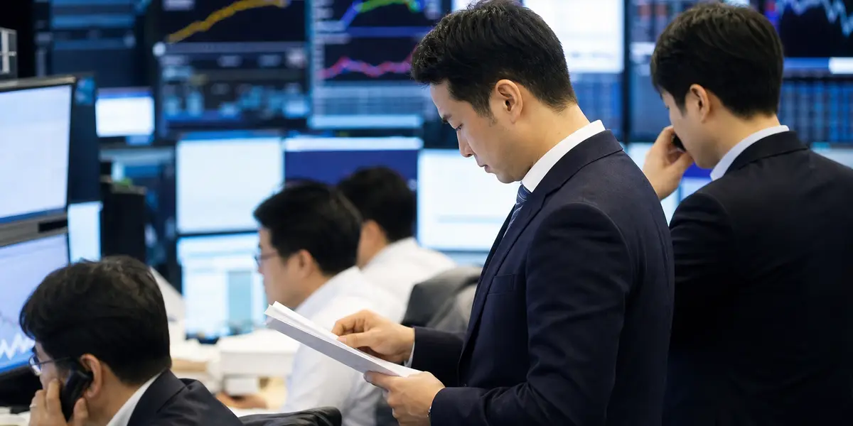 이랜드월드가 발행한 200억원 규모 회사채가 기관 수요예측에서 미매각된 소식을 상징하는 사진으로, 채권 금리 곡선이 표시된 모니터들 앞에서 서류를 검토하는 애널리스트들의 모습을 담은 저널리즘 스타일 이미지