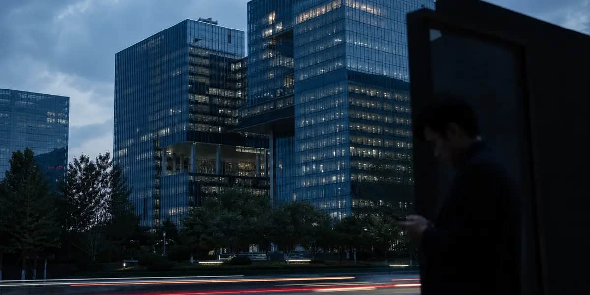 베이징 소재 중국 빅테크 기업 본사 건물 외관을 저녁 무렵 촬영한 사진으로, AI 붐에서 소외된 전자제품·포털·이커머스 기업들의 실적 부진을 상징적으로 보여준다