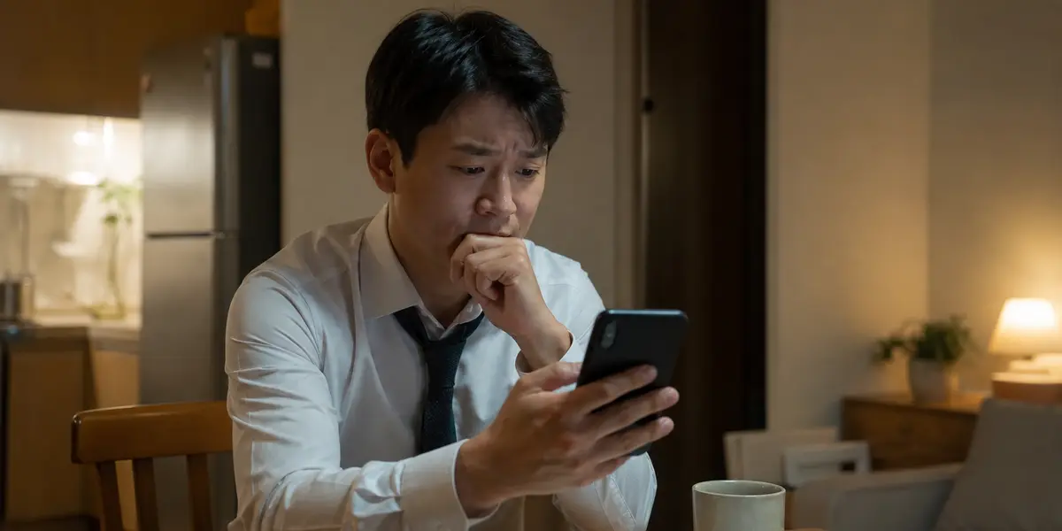 저녁 시간 가정집 식탁에서 스마트폰을 보며 걱정스러운 표정을 짓는 직장인의 모습을 담은 사진으로, 회사 도산으로 임금을 받지 못한 노동자가 도산대지급금 제도 확대 소식을 확인하는 상황을 상징한다