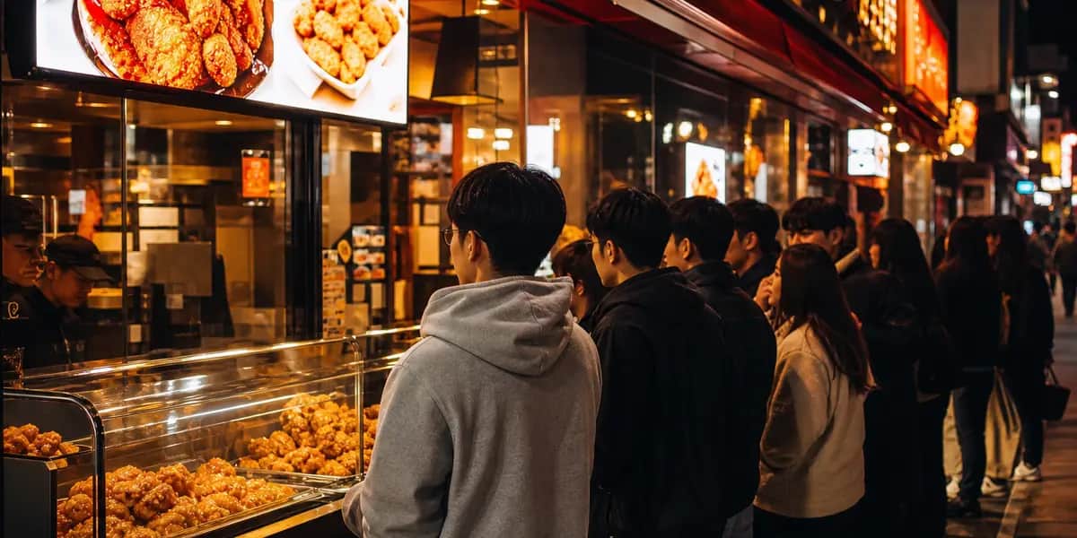 밤거리에 네온사인이 켜진 한국 치킨 프랜차이즈 매장 앞에 줄을 서 있는 손님들, 따뜻한 조명과 활기찬 시장 분위기가 느껴지는 도심 거리 풍경과 진열대 모습