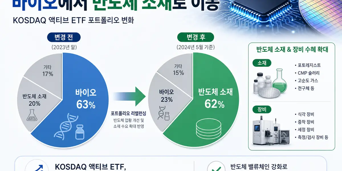 코스닥 액티브 ETF 포트폴리오가 바이오·2차전지 비중을 줄이고 반도체 소부장 종목 중심으로 재편되는 모습을 파이 차트와 반도체 장비 아이콘으로 표현한 일러스트레이션