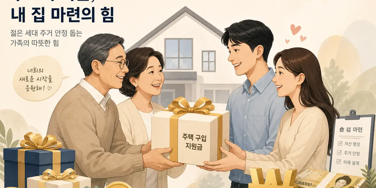 대출 규제로 내 집 마련이 어려워진 2030 세대가 부모로부터 증여·상속 자금을 받아 주택을 매수하는 모습을 집 실루엣과 화폐 기호로 표현한 일러스트레이션