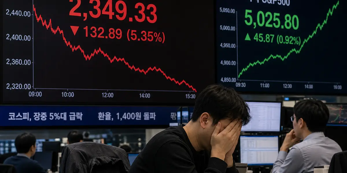 코스피 지수가 크게 하락하는 붉은 차트와 상승하는 미국 증시 차트를 동시에 보여주는 증권사 트레이딩룸 — 국내 약세장 속 미국 주식으로 이동하는 개미 자금의 구도를 상징