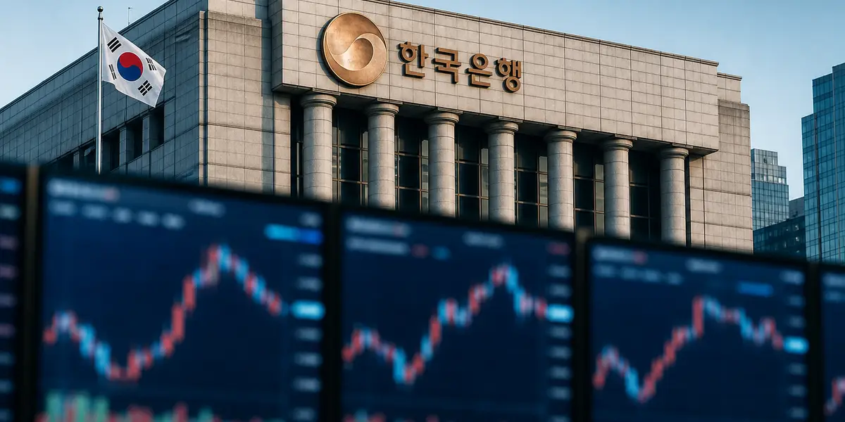 서울 한국은행 본관 건물 앞에서 금리 인상과 증시 반응을 나타내는 모니터 차트가 어렴풋이 보이는 저널리즘 사진