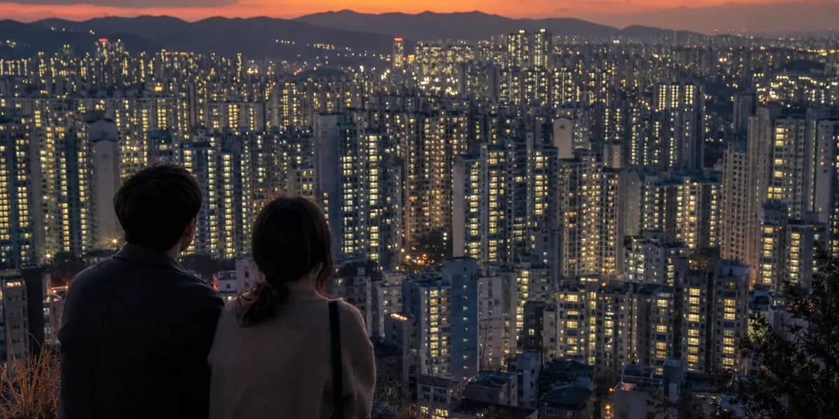 해질녘 서울의 빽빽한 아파트 단지를 바라보는 젊은 부부의 뒷모습, 전세 7억·월세 162만원 시대 세입자의 주거 부담을 상징하는 이미지