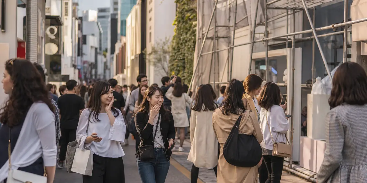 서울 성수동 거리에서 관광객들이 팝업스토어와 소규모 상점들 사이를 지나가는 모습을 담은 다큐멘터리 사진