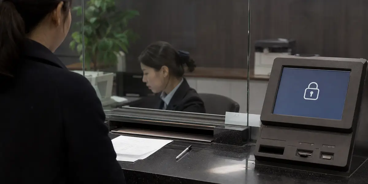 은행 창구에서 계좌 차단 절차를 안내하는 모습을 상징하는 이미지