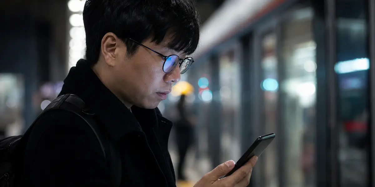 야간 지하철 승강장에서 스마트폰으로 주문 내역을 확인하는 직장인을 담은 실사 편집 사진